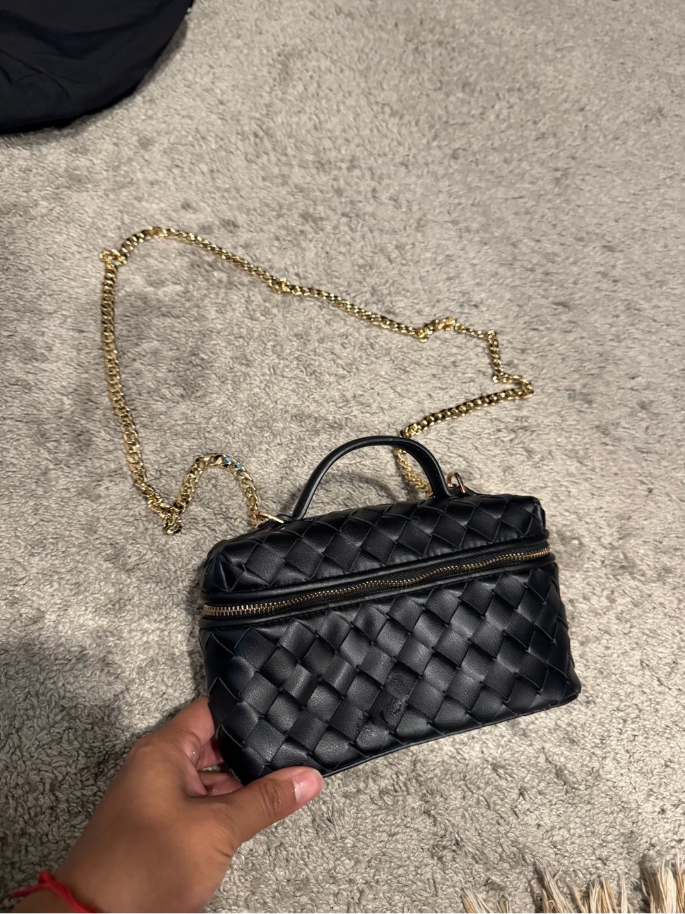Black Woven Leather Crossbody Bag with Gold Chain